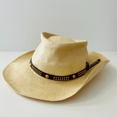 Stetson Cream Worn in Straw Gold Studded Leather Western Hat Large Unisex 