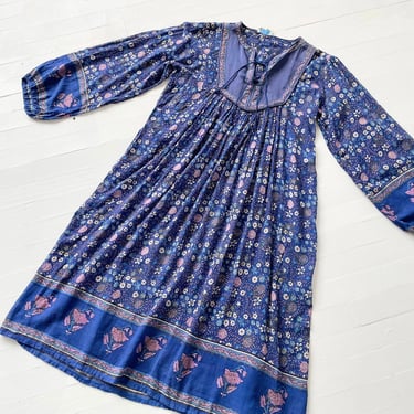 1970s Floral Print Indigo Blue Indian Cotton Gauze Dress 