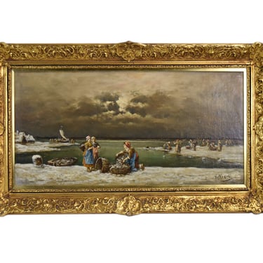 Antique 19th C. Oil Painting Fisherfolk Sorting the Catch signed G. Birkett 