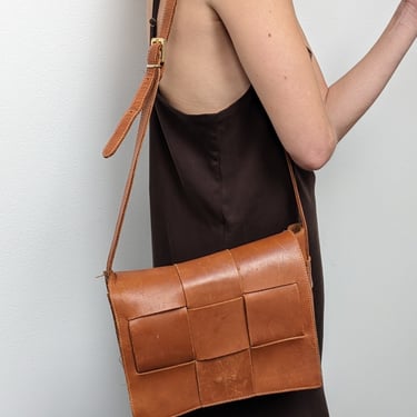 Vintage Chestnut Woven Leather Shoulder Bag