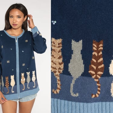 Cat Cardigan Sweater 00s Full Moon Quacker Factory Sweater Zip Up Sweater Y2K Navy Blue Cute Novelty Slouchy Vintage Ramie Cotton Medium 