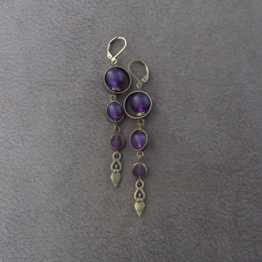Long sea glass earrings, bohemian earrings, goddess earrings, bold boho earrings, purple earrings, geometric earrings, artisan bronze 