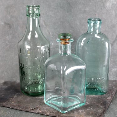 Set of 3 Antique Bottles | Pale Blue Green | Elliman's Royal Embrocation for Horses, Sawyer's Crystal Bluing & Italian Stoppered Bottle 