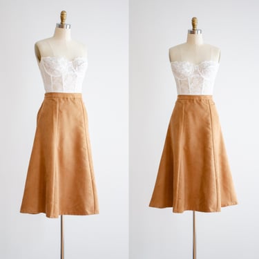 vegan suede midi skirt 90s vintage light brown tan microsuede faux leather fit and flare skirt 