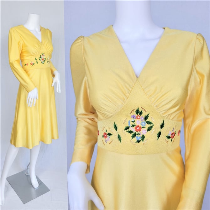 1970's Sunny Yellow Floral Embroidered Dress I Sz Med 