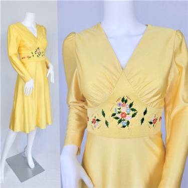 1970's Sunny Yellow Floral Embroidered Dress I Sz Med 