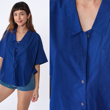 Royal Blue Blouse 80s Button Up Shirt Retro Plain Simple Short Sleeve Top Chest Pocket Preppy Basic Collared Simple Vintage 1980s Large L 