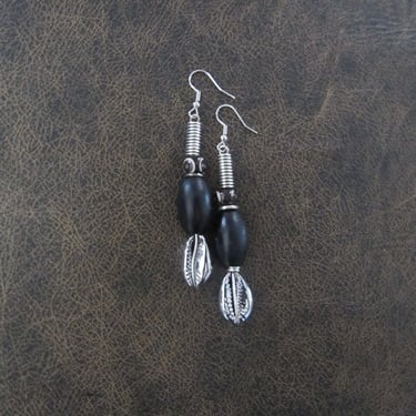 Cowrie shell earrings, black and silver 