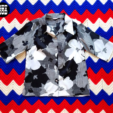 Groovy Vintage 60s 70s Black White Floral Hatchmark Patterned Button Down Collared Shirt 
