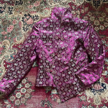 Vintage Chinese brocade jacket | magenta  &amp; metallic gold top with frog closures, holiday, Christmas, S/M 