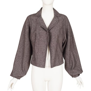 Nina Ricci Haute Couture 1990s Vintage Brown Silk & Wool Tweed Balloon Sleeve Jacket Sz S 