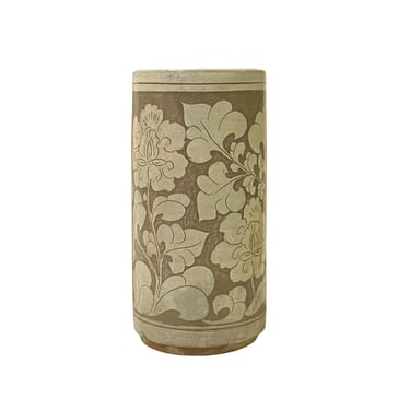 Chinese Handmade Ceramic Tan Taupe Flower Column Vase ws2803E 