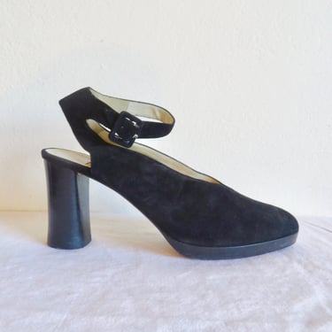 1980's Size 8 Black Suede Ankle Strap Pumps Heels Thick Heels Italian Shoes 80's New Wave Style Made in Italy Joan Helpern 