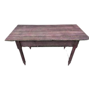 Rustic Antique American Farmhouse Weathered Wine Plum Painted Work Table with Spool Turned Jenny Lind Legs & Plank Top 