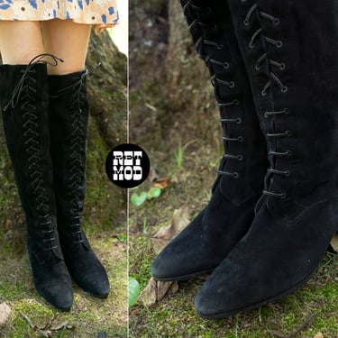 US 7 - Gorgeous Black Suede Vintage 70s 80s Pointy Toe Lace-Up Boots 