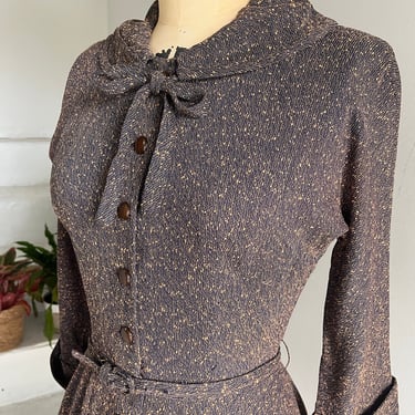 1950s Brown and Black Flecked Nipped Waist Dress Bow Collar Fall/Winter Cute Details 36 Bust 