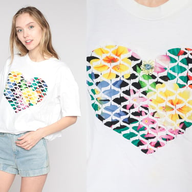 Floral Heart T Shirt White Single Stitch Rosette Shirt Bright Retro TShirt Vintage T Shirt 90s Tee Graphic Print 1990s Textured Large L 