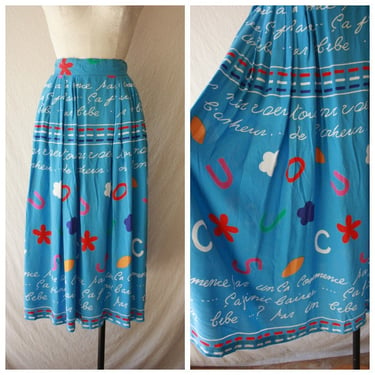 80s 90s Alphabet & French Script Novelty Print Rayon Skirt Size S 