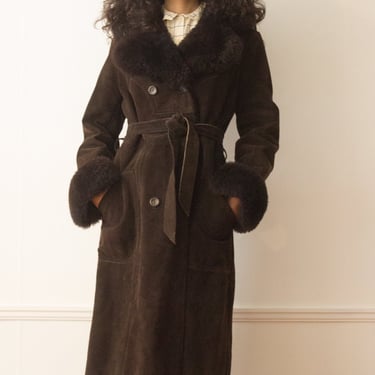 1970s Chocolate Suede Shearling Penny Lane Coat 