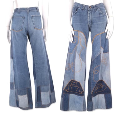 rare 70s patchwork denim bell bottoms jeans 30, vintage 1970s Bitterroot embroidered high rise bells, 70s frog flares pants sz M 8 -10 