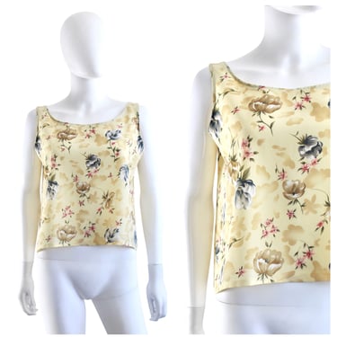 1990s Pale Yellow Tank Top with Blue Flower Print - 90s Crop Tank Top - 90s Floral Tank Top - 90s Yellow Top - 90s Floral Top | Size Medium 