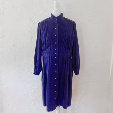70s/80s Blue Wide Wale Corduroy Mock Neck Gold Button Shirt Dress | Large 