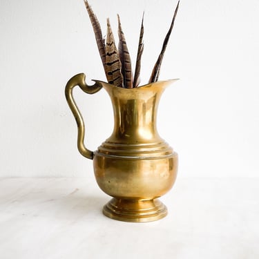 Heavy Vintage Brass Pitcher Ornate Brass Antique Metal Vase Shelf Decor Copper Silver Classic Curvy Handle Serving Pitcher Water Pitcher 