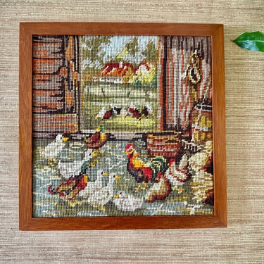 Vintage Farmhouse Needlepoint - Chickens, Roosters and Ducks in Barn 