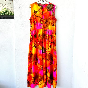 Vintage 60s 70s Hawaiian Psychedelic Day Glo Dress 1960s 1970s Hawaii Boho Hippie Neon Floral Dress 