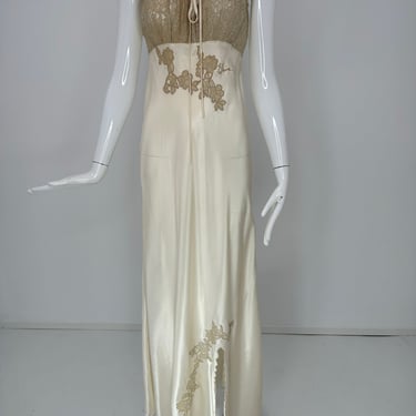 1950s Champagne Rayon Satin Bias Strapless Lace Bodice & Applique Night Gown