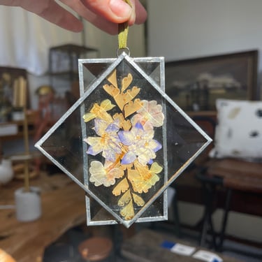 Vintage Blue and Yellow Pressed Flowers in Glass Ornament Art Decor Organic fused glass unique antique style handmade floral arrangement 