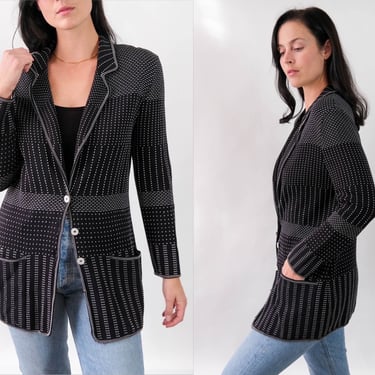 Vintage 90s ESCADA Black & White Dash Knit Cardigan Sweater Blazer w/ Pockets | Made in Germany | 1990s Escada Designer Rayon Blend Sweater 