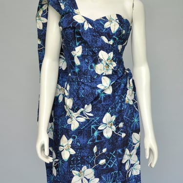 vintage 1950s Alfred Shaheen blue floral sarong wrap dress w/ shoulder swag S/M 