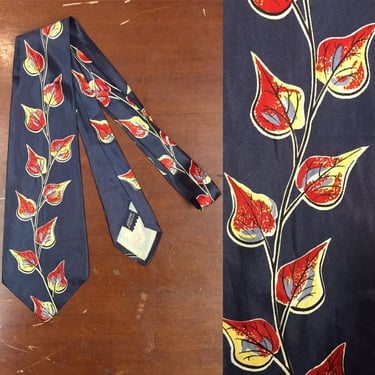 Vintage 1940s,  Arrow, Leaf Pattern, Rockabilly Tie, Vintage Tie, Vintage Clothing, 1950s Tie, Lined, Nature Inspired 