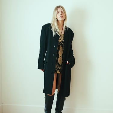 Vintage Katherine Hamnett London 1980s Black Overcoat with Velvet 