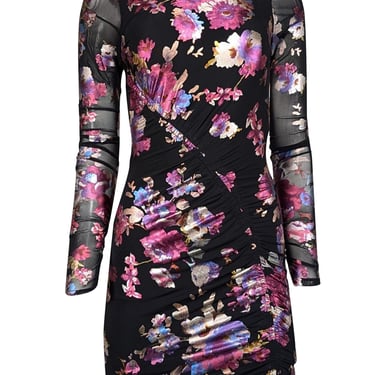 Parker - Black w/ Metallic Pink, Purple, & Blue Floral Print Long Sleeve Dress Sz 0