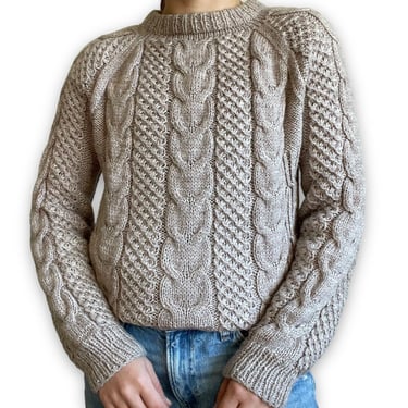 Hand Knit Womens Light Brown Chunky Cable Fisherman Crewneck Sweater Sz M 