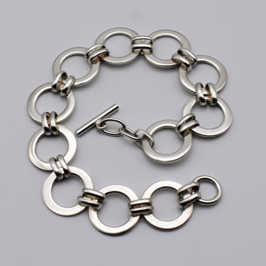 80's 950 silver open geometric bracelet, edgy fine silver circles & ovals toggle clasp rocker links 