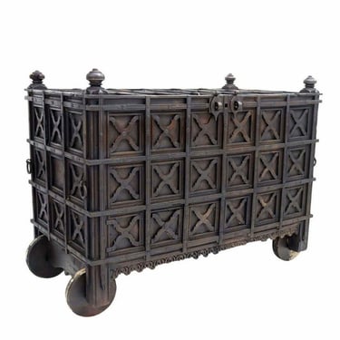 Monumental Antique India Iron Strapped Teakwood Dowry Chest 19th Century 