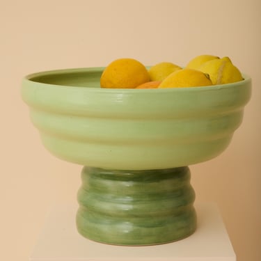 Large green handmade ceramic raised bowl 