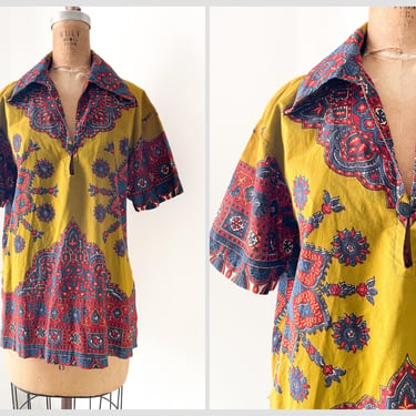 Vintage 1960’s ‘70s Indian tapestry tunic top | authentic hippie shirt, vintage hippy top, handmade, gender neutral S/M 