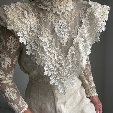 vintage 80s victorian inspired bib collar lace romantic blouse 