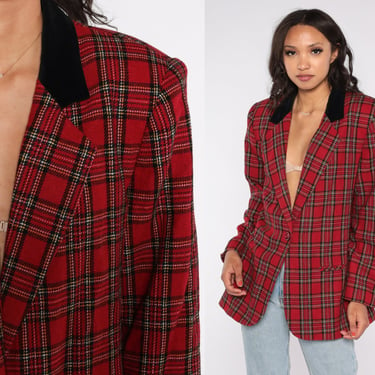 Plaid Blazer Checkered Jacket 90s Jacket Velvet Collar Wool Blend Button Up 1990s Red Tartan Jacket Vintage Tailored Preppy Office Large 