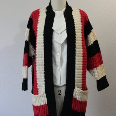 Vintage 50s 60s Ethel of Beverly Hills Striped Cardigan Sweater Black Beige Red Chunky Weave   // Modern Size  6 8 Small Med 