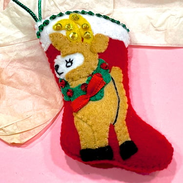 VINTAGE: Felt Beaded Sequin Reindeer Stocking Ornament - Pillow Ornament - Christmas - Holidays - Pillow Ornament 