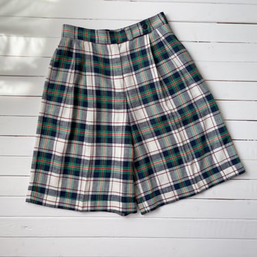 high waisted shorts 80s vintage Talbot's green white plaid linen shorts 