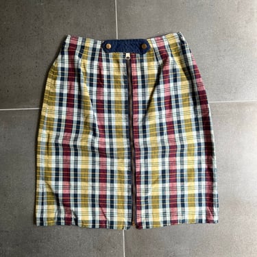 60s Reversible Cotton Plaid and Navy Mini Skirt with Oversized Zipper 26 Waist 