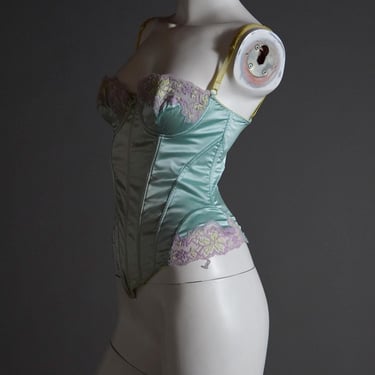 Roberto Cavalli stretch silk boned seafood green corset with lilac and lime lace applique 