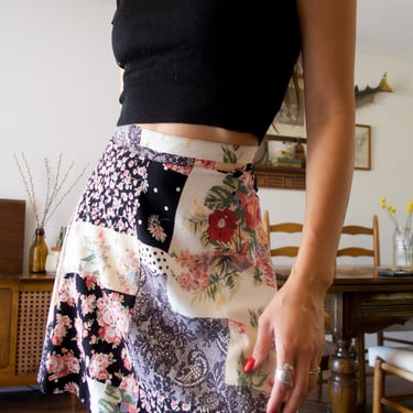 Vintage 90s 1Try Floral Patchwork High Waisted Skater Skirt 