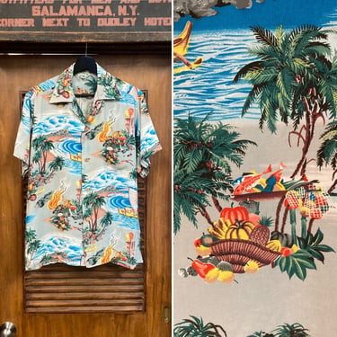 Vintage 1950’s “Iolani” Label Tropical Tiki Crepe Hawaiian Shirt, Festive, Island, Surf, 50’s Vintage Clothing 